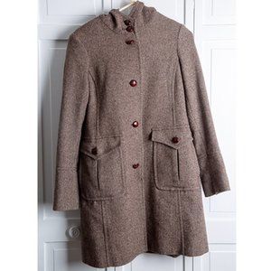 DKNY. Brown Herringbone coat. Button up with hood.